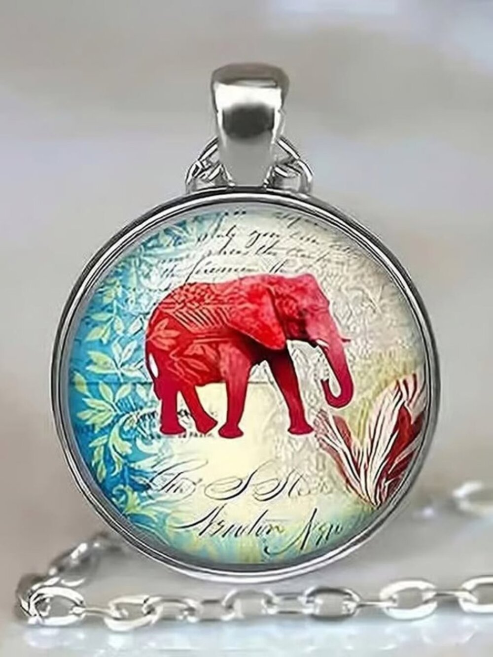 Silver ELEPHANT Glass Cabochon Pendant Necklace
